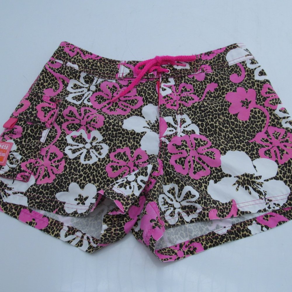 Roxy Floral Leopard Print Swim Shorts in Pink, White, Brown